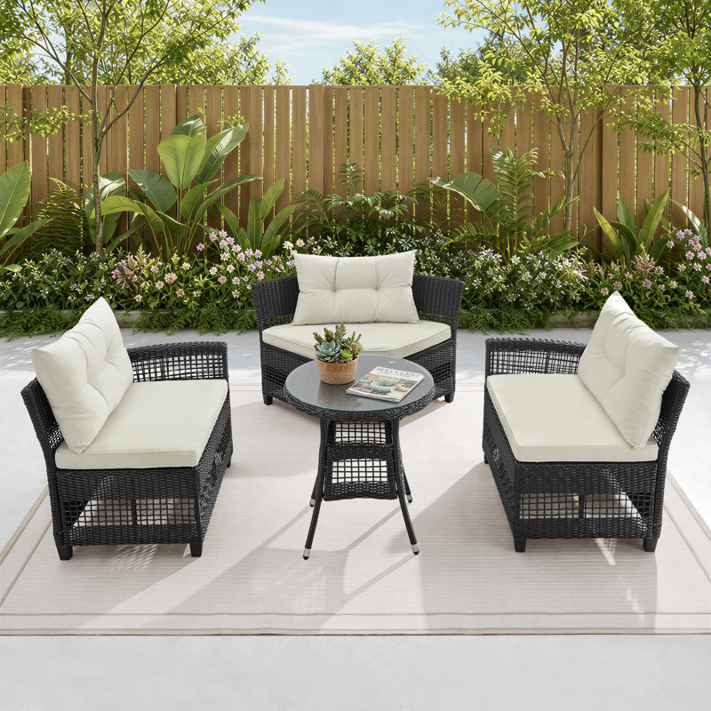 Ensemble de conversation modulaire en osier 3 personnes avec coussins Bogovic, Coussin beige, structure noire