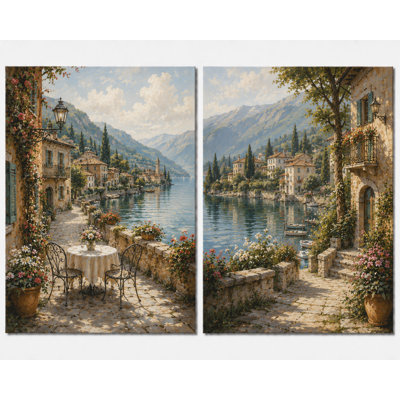 Très grand ensemble de 2 impressions sur toile de village méditerranéen, village côtier italien, décor panoramique pour salon, bureau de chambre à coucher, impression sur toile 24 x 36 pouces - prête à être accrochée