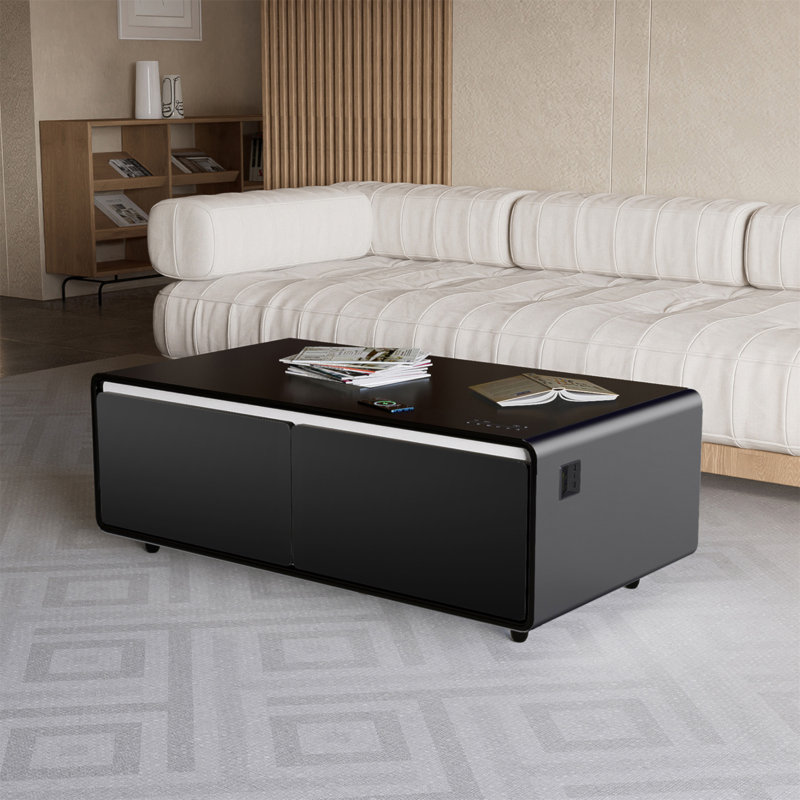 Table basse moderne intelligente avec réfrigérateur intégré, haut-parleurs Bluetooth, charge sans fil, prise de courant, ports USB, lumière RVB