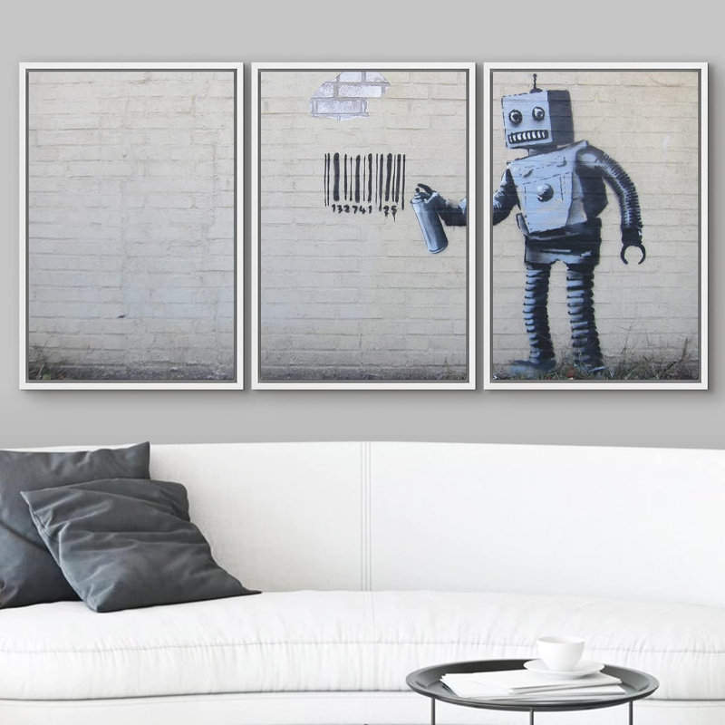 «Robot Graffiti Banksy in Street», reproduction d'art sur toile tendue, H 24 po x l 48 po, Cadre flottant blanc