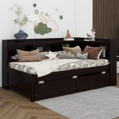 Wooden Daybed With L-Shaped Bookcases, USB Charging Ports, Multi-Functional Daybed With 2 Drawers, Power Outlets by Lark Manor