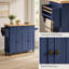 Îlot de cuisine mobile bleu marine avec plateau en bois massif, table mobile de 111 cm (43,7 pouces) sur roulettes avec placards de rangement, tiroirs et étagères réglables