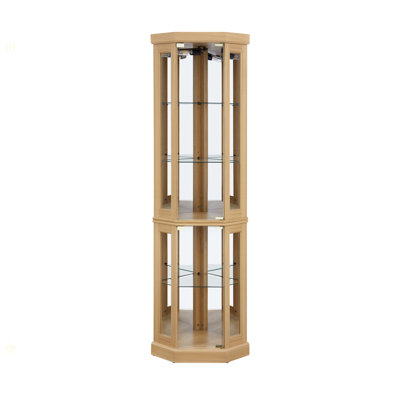 Corner Glass Cabinet Lighted Curio Cabinet Corner Display Case For Living Room, Curio Cabinet, Antique Collection, Wine,Bar Glass Storage Light Included, Light Oak