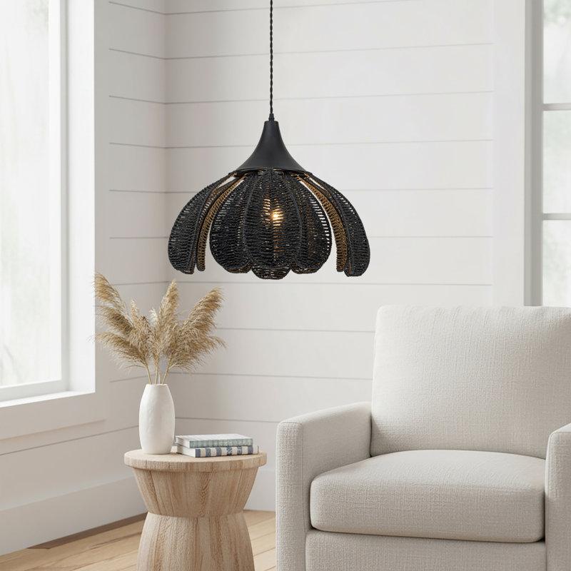 Kamala 1-Light Rattan Hemp Floral Pendant, Modern Coastal Boho - Handwoven, Matte Black