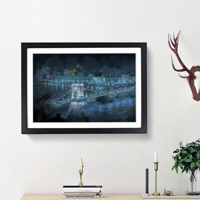 Chain Bridge in Budapest in Abstract - Picture Frame Painting Print, Black Framed, 27cm H x 36cm W x 2cm D