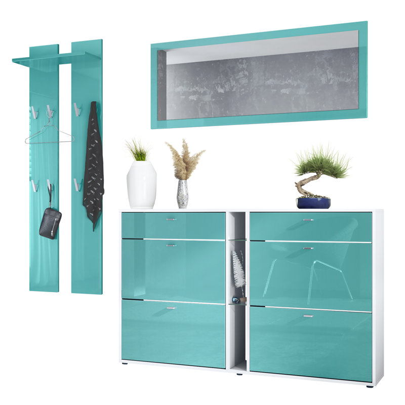 Orlando Hall Tree 215cm Wide with Shoe Storage, High Gloss Petrol/White