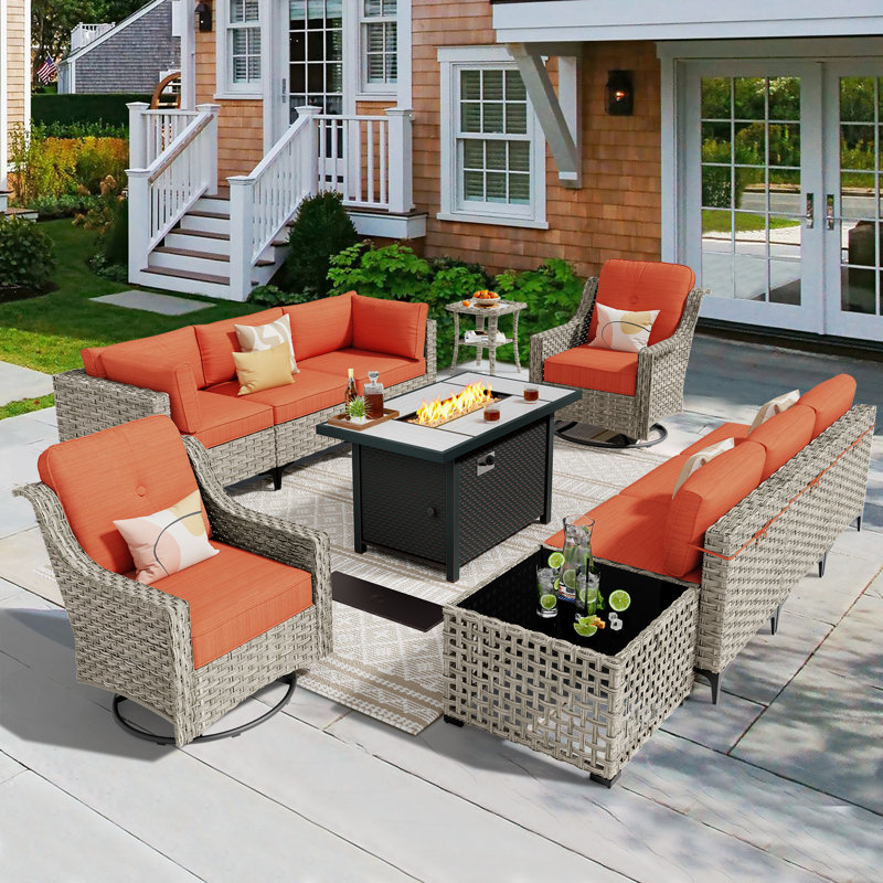 Rattan Outdoor Sofa 11-piece Set With Fire Pit, Orange, Yes