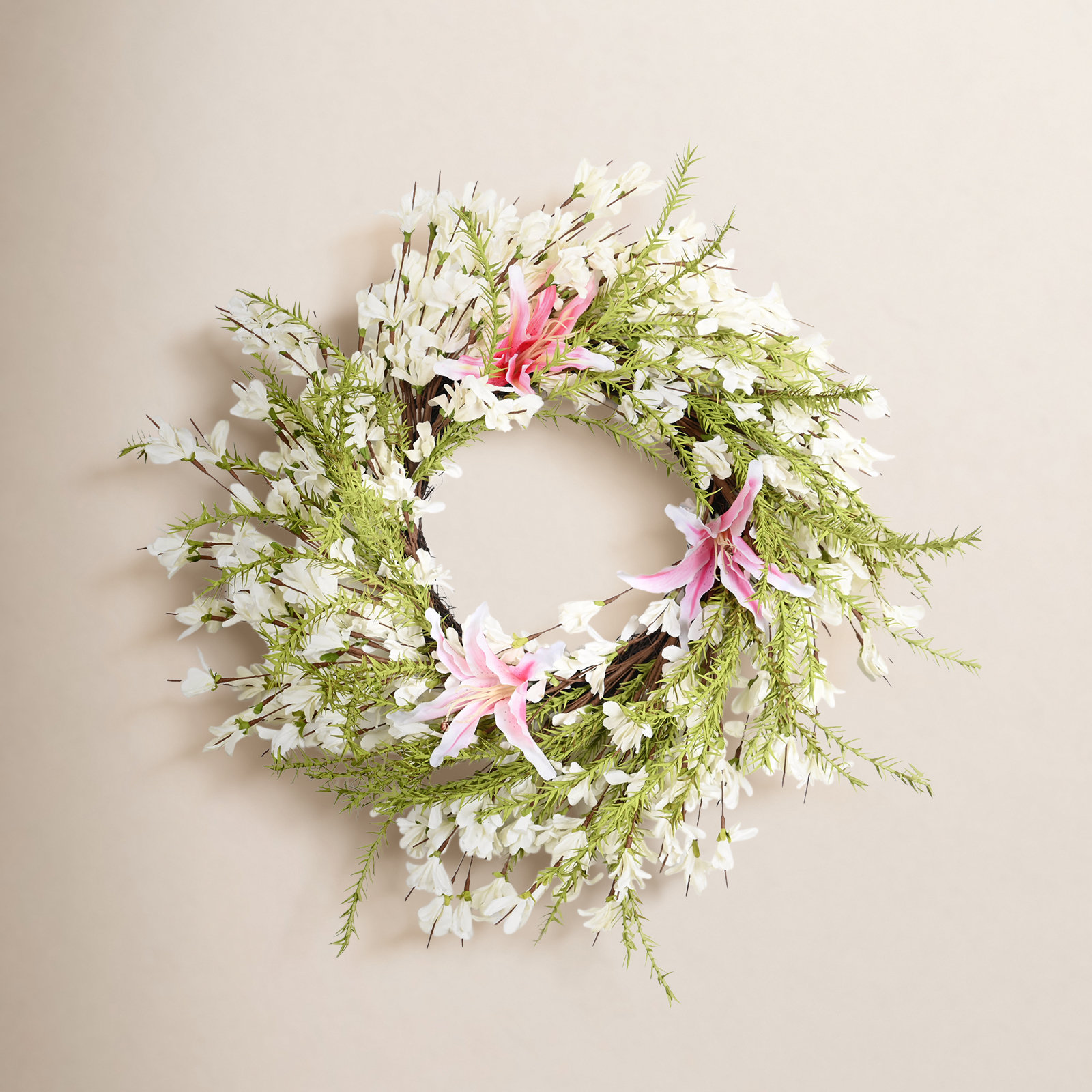 24" Artificial Farmhouse Spring Summer Floral Wreath For Front Door Greenery Foliage Faux Forsythia Lily Wedding Party Home Wall Decor