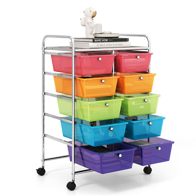 Milin 10 Drawer Storage Drawer with Locking Wheels, Blue/Green/Pink