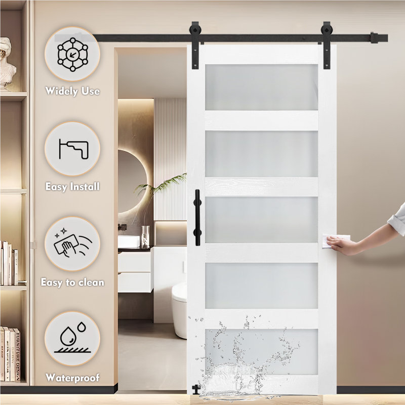Glass Sliding MDF Barn Sliding Door Hardware Kit, Tempered Frosted Glass, Simple DIY Assembly, 36" x 84"