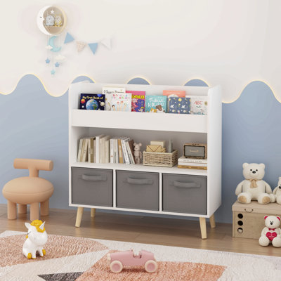 Bookshelf with 3 Fabric Bins, Modern Bookcase with Storage for Toys and Books, Toddler Book Organizer Shelf for Playroom, Bedroom, or Nursery