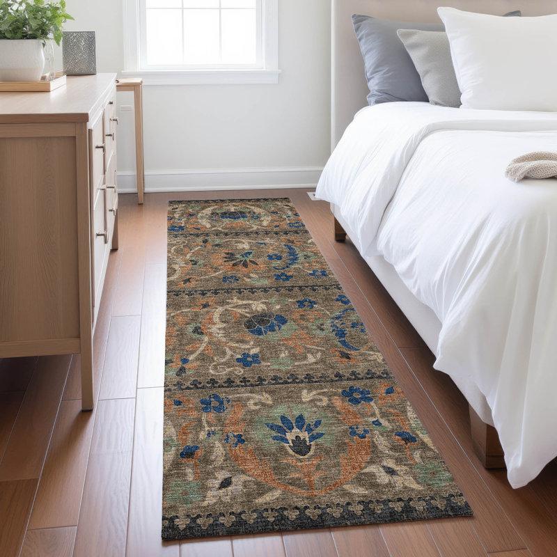Machine Washable Indoor/Outdoor Chantille ACN2480 Floral Rug, 2'3" x 7'6" Runner, Chocolate