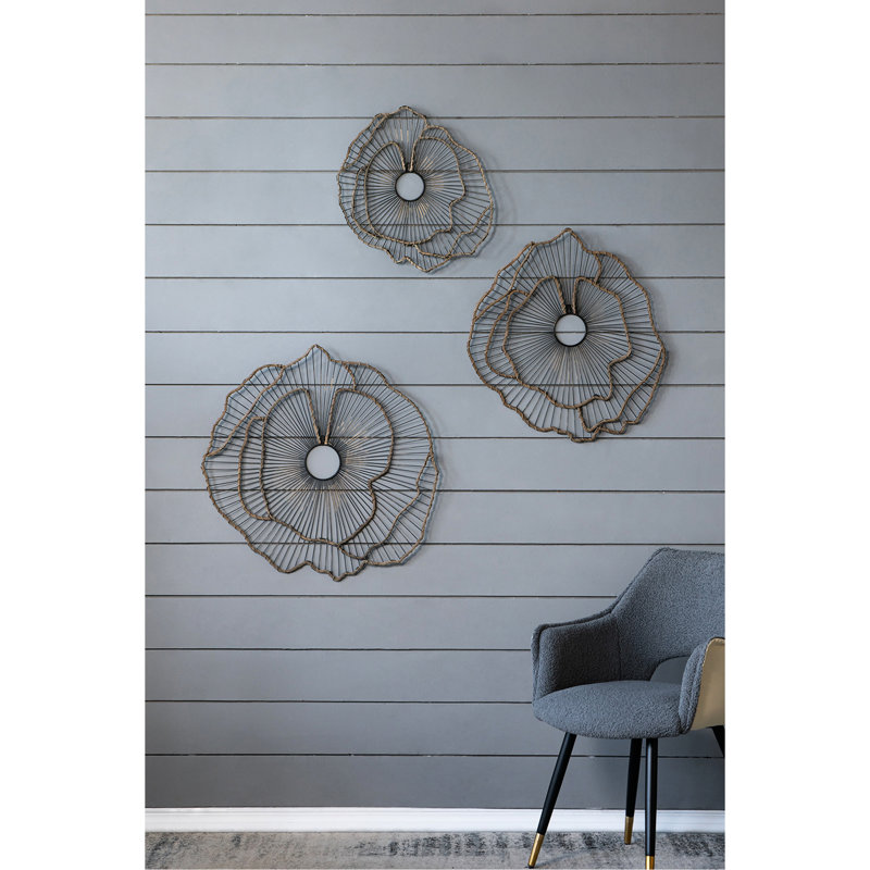 3 fleurs murales en métal doré, décor transitionnel pour entrée de maison, vestibule, sculpture de couloir, porche design