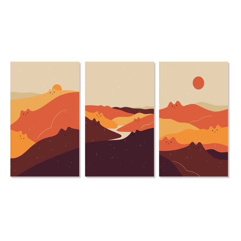 Paysage rétro rétro en couleurs rétro II - ensemble d'art moderne Mid-Century de 3 pièces, H 40 po x l 60 po