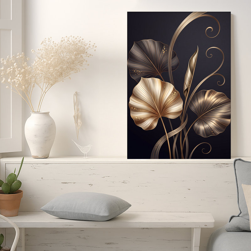 Feuilles métalliques dorées et bronze sur fond sombre, tableau sur toile, 24"H x 16"W