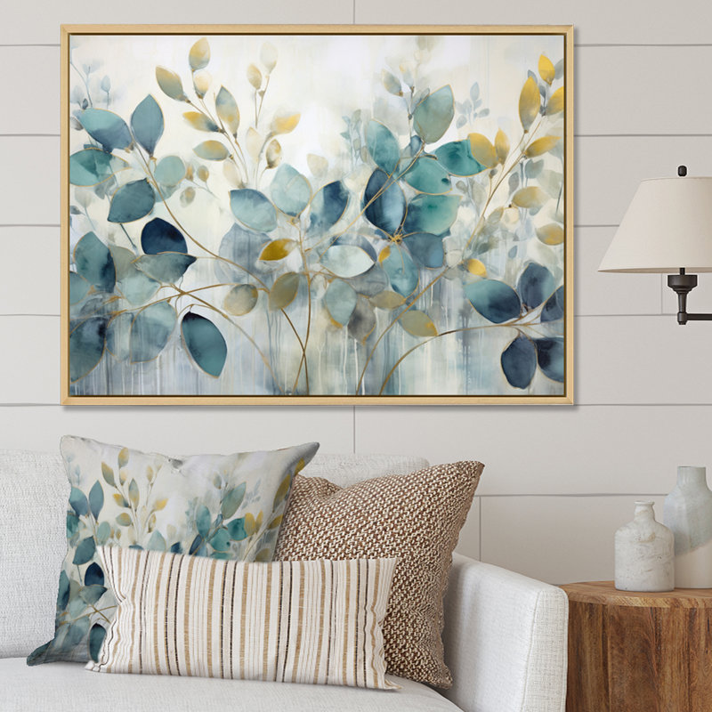 «Blue Botanical Rhythms II - Abstract Botanicals», art mural sur toile, Reproduction avec cadre flottant, H 16 po x l 32 po