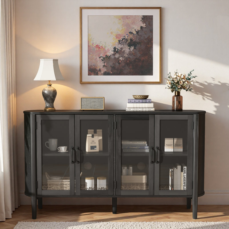Buffet moderne avec portes en verre et tablettes réglables, Noir