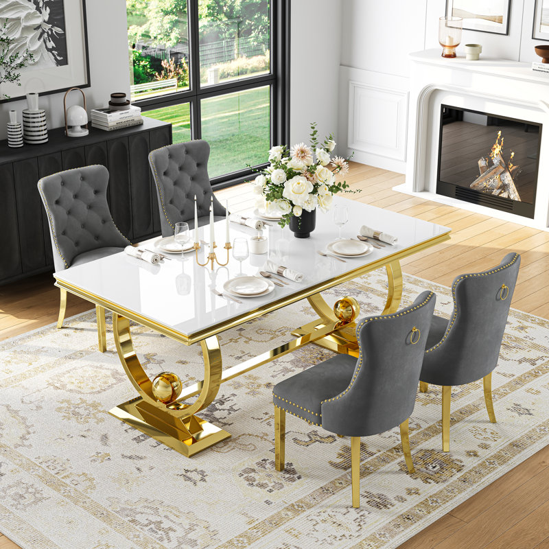 70" Glass Dining Table Set Of 5, Double U-Shaped Polished Stainless Steel Base, 10Mm Thick Tempered Glass Top And Velvet Upholstered Nailhead Chairs