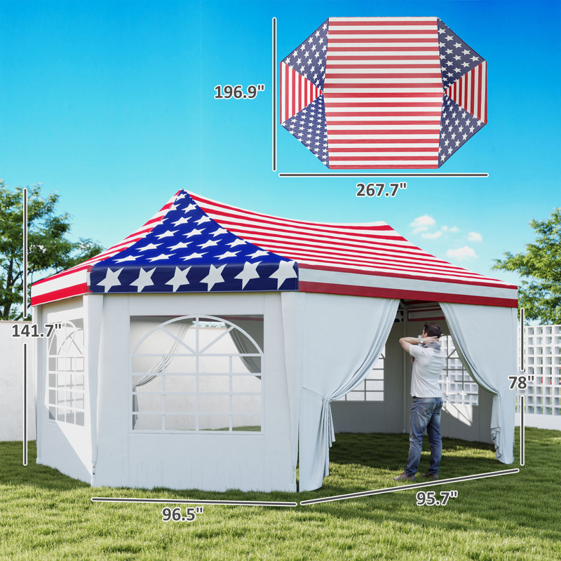 Tente de réception résistante 22,3 x 16,4 pi, auvent extérieur avec 2 portes et 6 fenêtres, drapeau américain