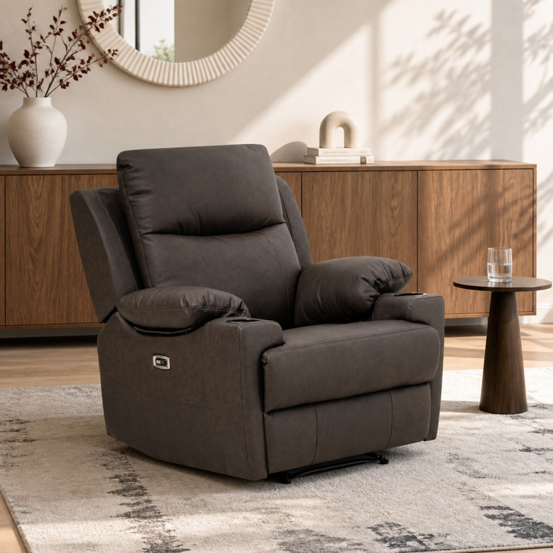 Fauteuil inclinable électrique moderne en cuir pleine fleur de 91 cm de large avec accoudoirs rembourrés, Brun