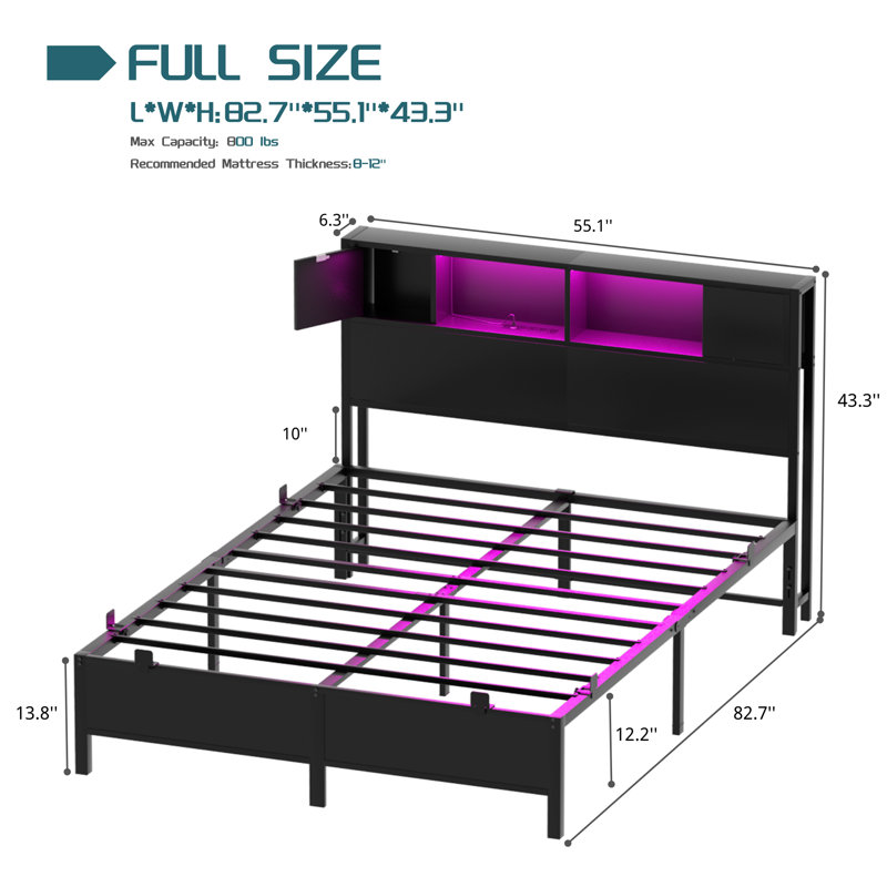 Base de lit en métal avec tête de lit, lumières DEL et ports USB Kailynn, grand espace de rangement, Double, Noir