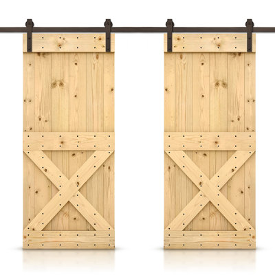 Panelled Wood Stained Mini X Series Double DIY Barn Door With Sliding Hardware Kit