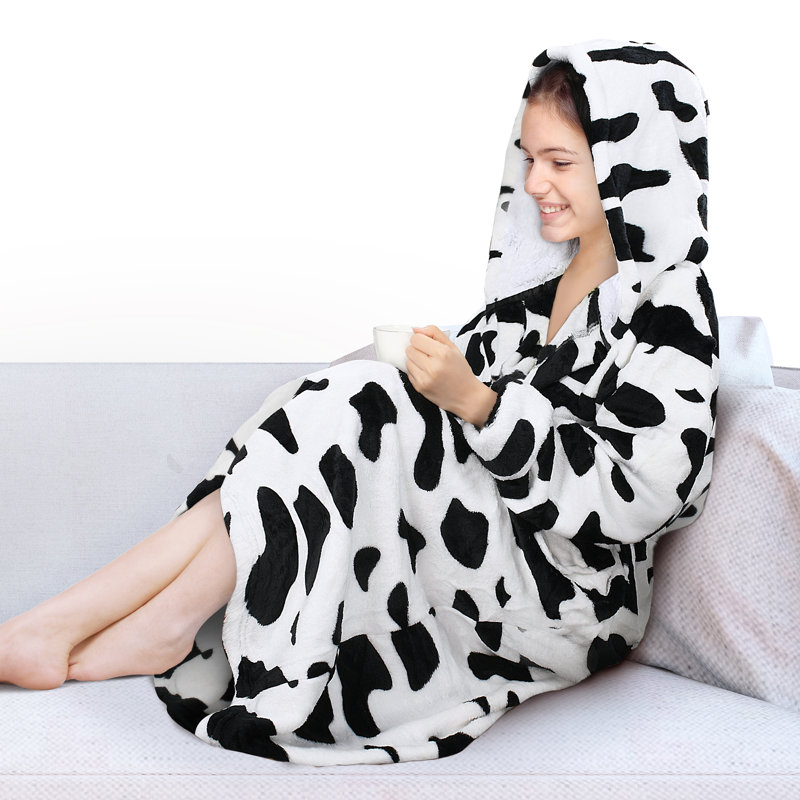 Dalmation Print Hooded Fleece Long Bathrobe