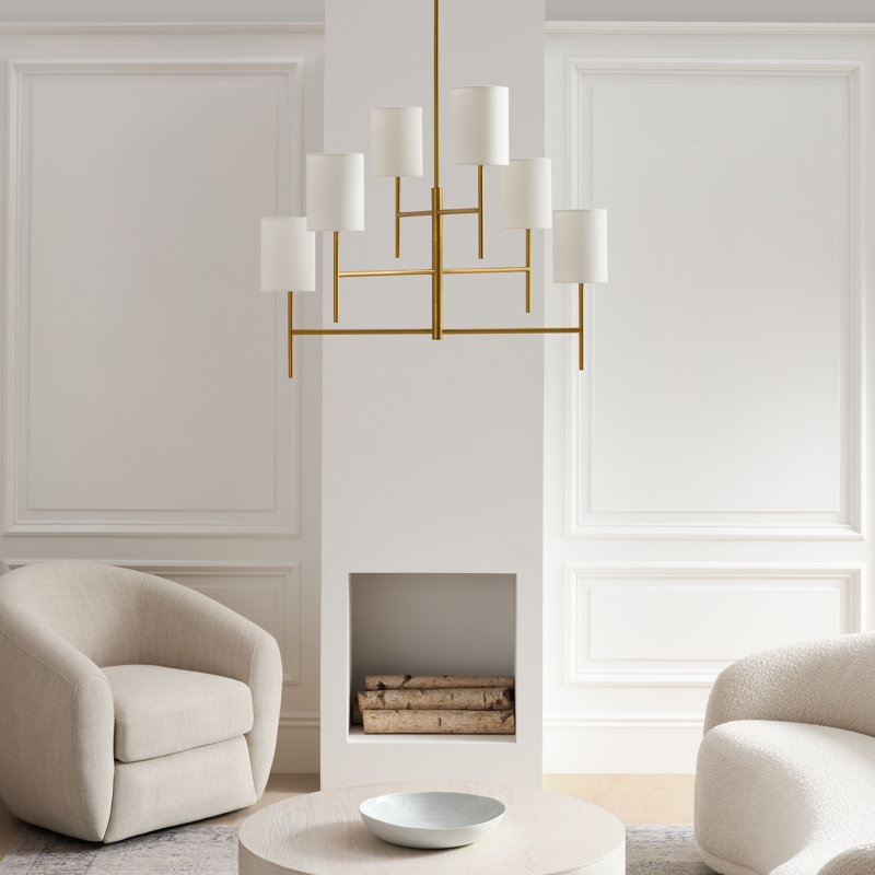 Barbara Barry Key 6 Light Dining Room Chandelier With White Linen Shade, Burnished Brass