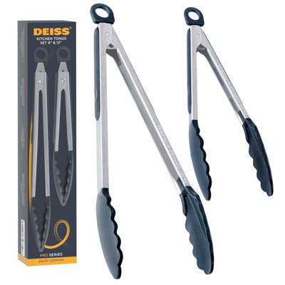 Deiss Pro 2-Piece Cooking Tongs With Silicone Tips - Kitchen Tongs Set For Cooking, Bbq, Air Fryer - Pull Lock, 9'' And 12''