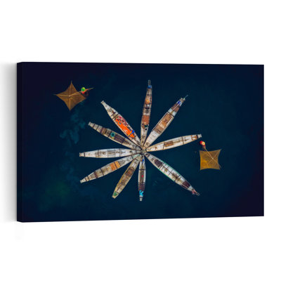 Bateaux de pêche, formation d'étoiles, paysage géométrique serein et traditionnel, impression d'art mural nature
