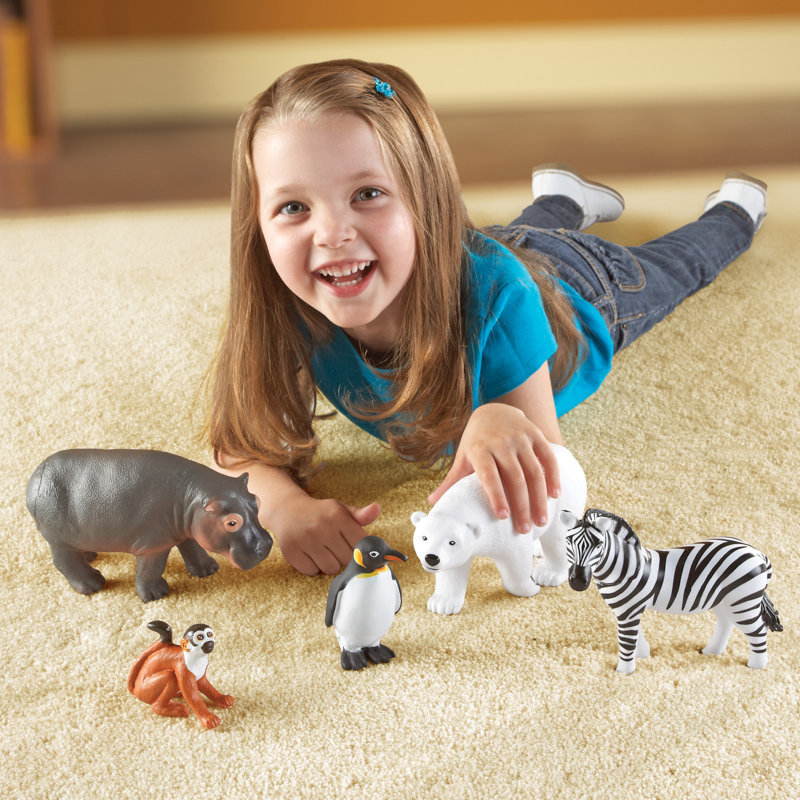 Jumbo Zoo Animal Figures Set with Polar Bear, Zebra, Hippo, Monkey, and Penguin