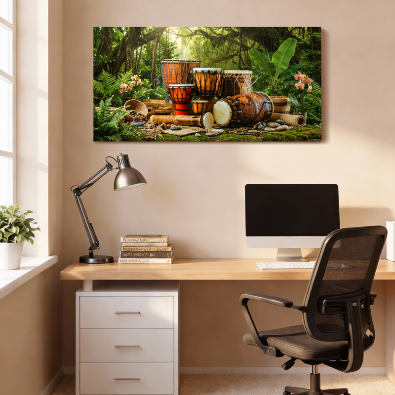 Ensemble de 1 tableau sur toile tendue représentant des tambours de jungle tropicale et des éléments naturels, 4020