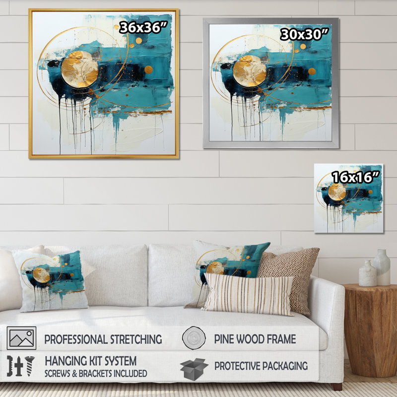Céleste délice abstrait en turquoise et or, H 24 po x l 24 po x P 1 po, Cadre flottant doré