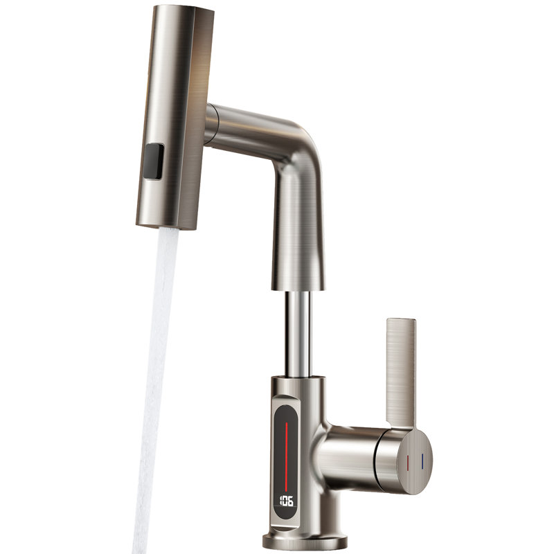 Brushed Nicke Single Hole Bathroom Faucet With Pull-Out Sprayer And Temperature Display, Brushed Nickel