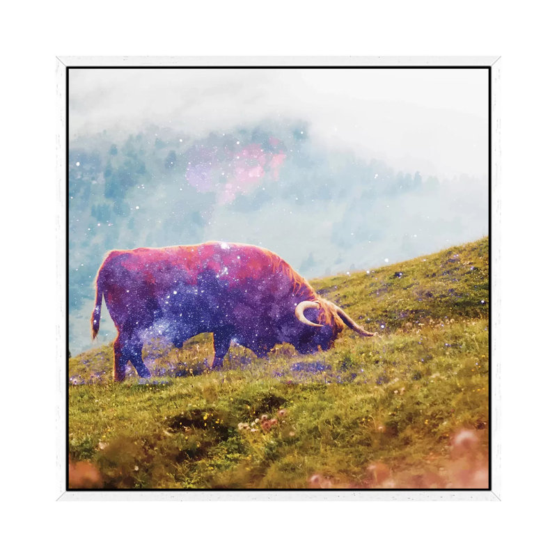 Space Cow - Painting on Canvas, White Framed, 45.72cm H x 45.72cm W x 3.81cm D