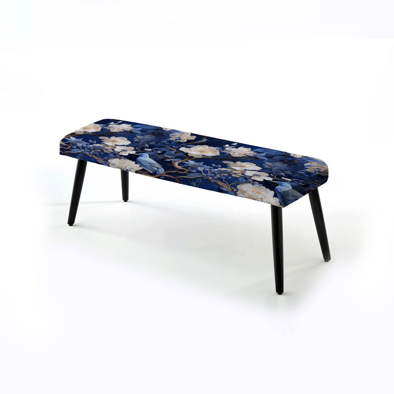 Cobalt Blue Chinoiserie Ii Victorian Pattern - Floral Upholstered Black Bench