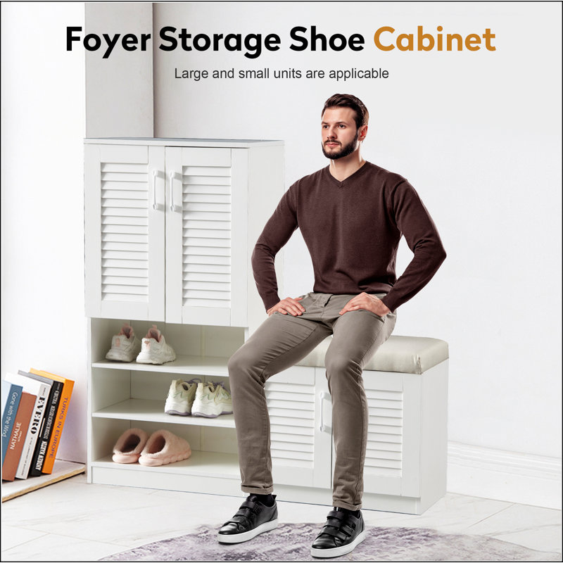Multi functional Shoe Storage Cabinet with Bench & 7+3 Storage compartment, Adjustable layer board , Shoe Bench with Cushion for Entryway,  Freestanding Shoe Rack for Entryway, Mudroom, Hallway