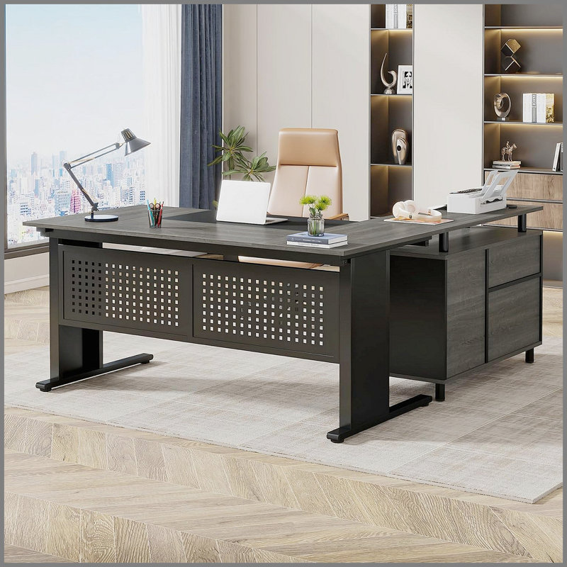 Bureau de direction en L de 63 pouces avec classeur, grand bureau moderne avec tiroirs, tablettes et rangement, poste de travail en coin pour la maison et le bureau