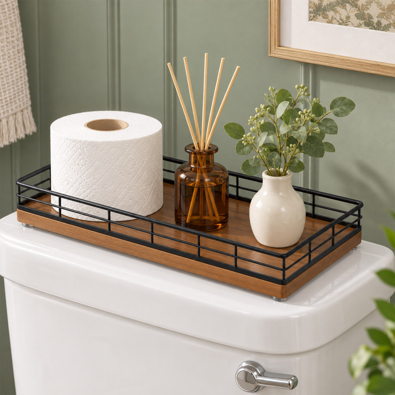 Organisateur de réservoir de toilette, plateau de rangement de salle de bain en bois de chêne avec cadre en métal