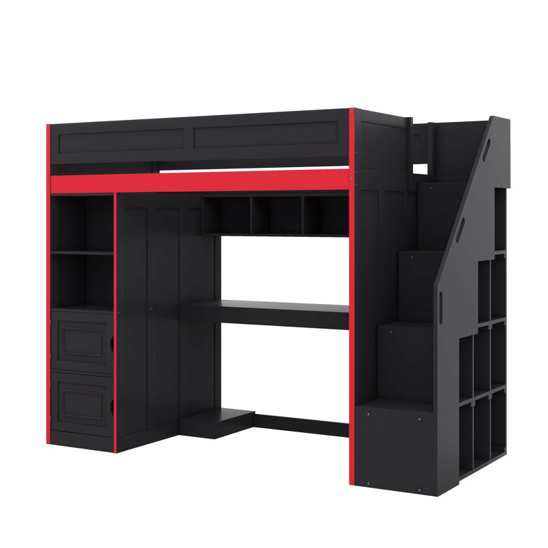 Lit mezzanine simple orienté jeu, équipé d'un bureau, d'un rangement et d'un éclairage intégré