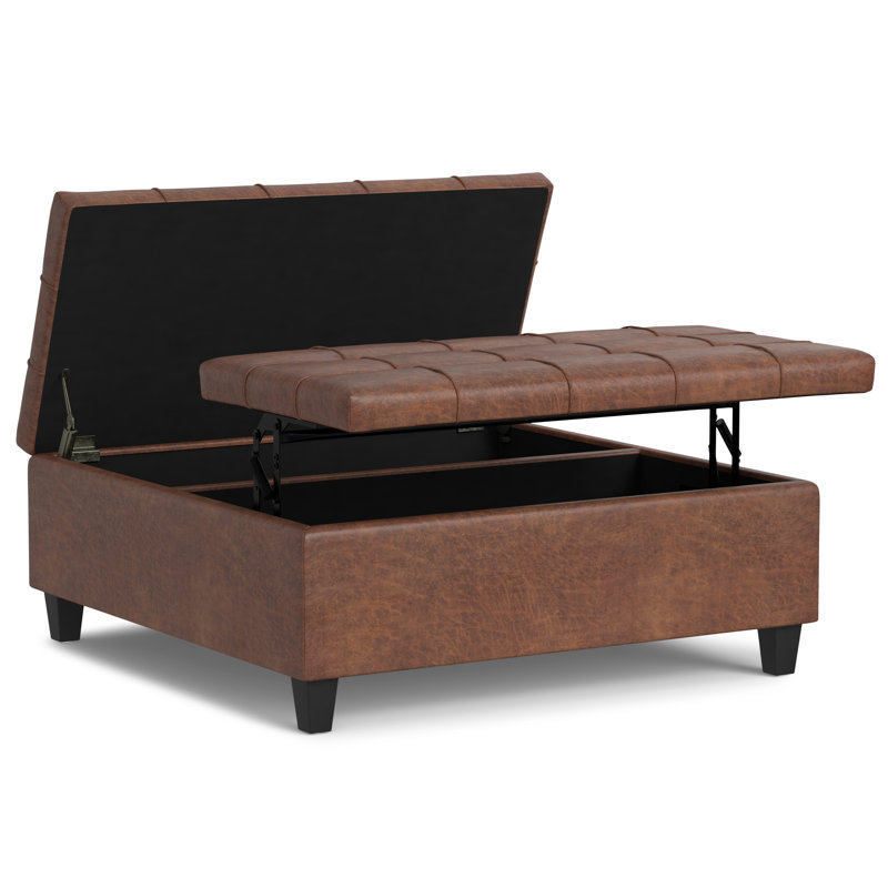 Harrison 40"W Upholstered Transitional Square Lift-Top Ottoman with Sturdy Base, Harrison Brown Vegan Faux Leather