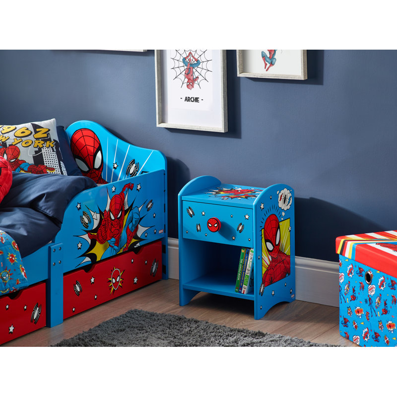 Spider-Man Bedside Table: Sturdy Engineered Wood Construction featuring a 2-tier Design for Ample Storage, Small Side Table with Drawer and Storage Shelf for Kid's Bedroom