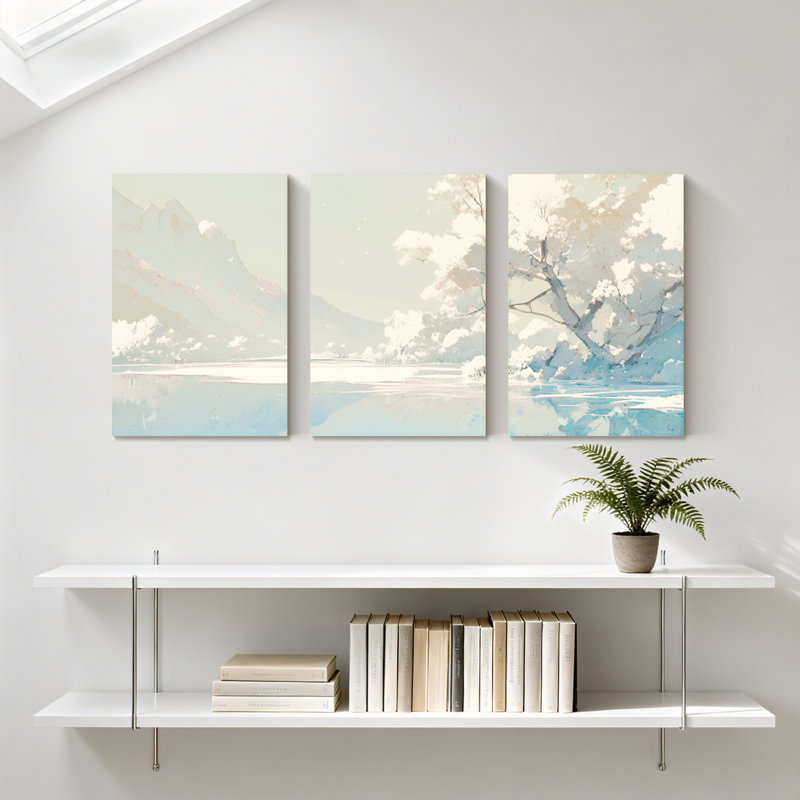 Paysage et nature montagne lac réflexion arbre ciel nuages eau ensemble de 3 impressions d'art sur toile, H 18 po x l 36 po