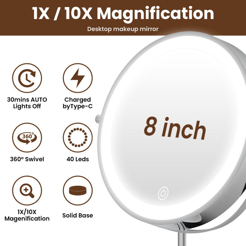 8"LED Lighted 1X/10X Magnifying Makeup Mirror, Brushed Nickel