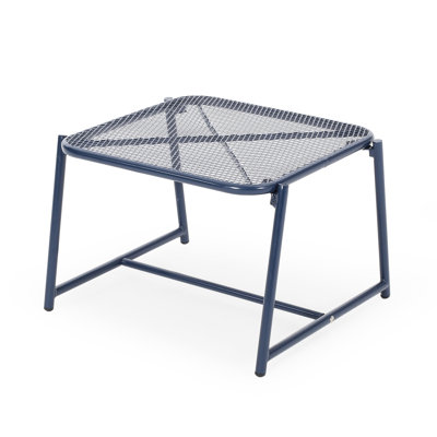 Navy Blue Side Table For Outdoor Use, 13.42"H Iron With Mesh Top And Modern Sled Base T Frame In Yard,