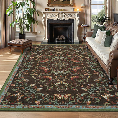 Tapis rétro vintage à motif floral lavable à motif floral lavable, résistant aux taches et facile à nettoyer