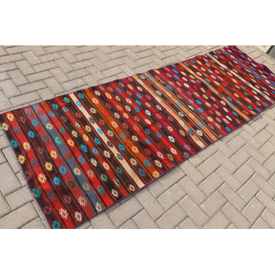 Handwoven Vintage Turkish Runner With Colorful Geometric Kilim Pattern For Bohemian Home Decor Featuring Multicolor Striped Design
