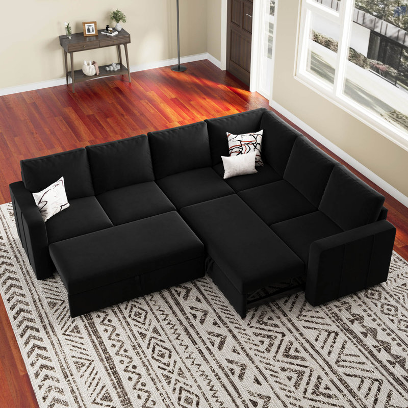 L-Shaped Modular Sleeper Sectional, Velvet - Black