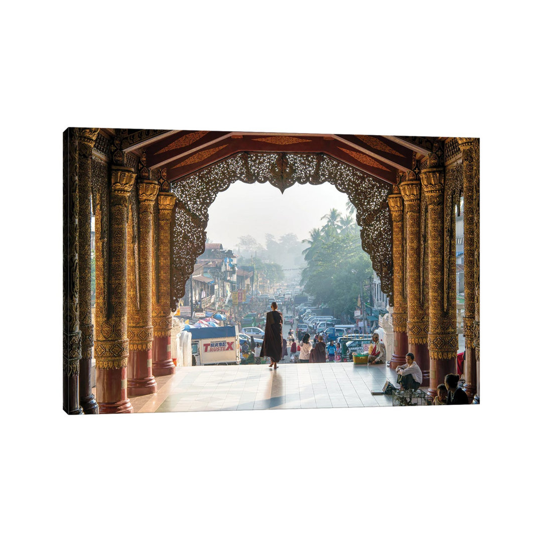 Buddhist Monk Passing The Entrance Of The Shwedagon Pagoda In Yangon, Myanmar by - Wrapped Canvas Photograph