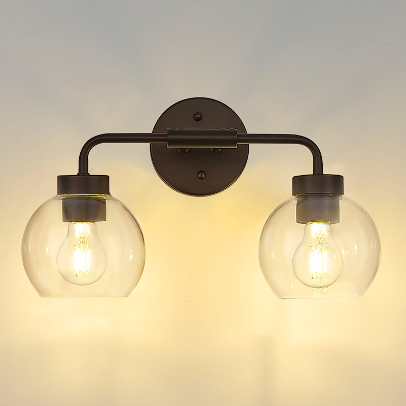 Éclairage pour meuble-lavabo campagnard 2 lumières 16 pouces, abat-jour globe en verre transparent, bronze huilé, 2 lumières
